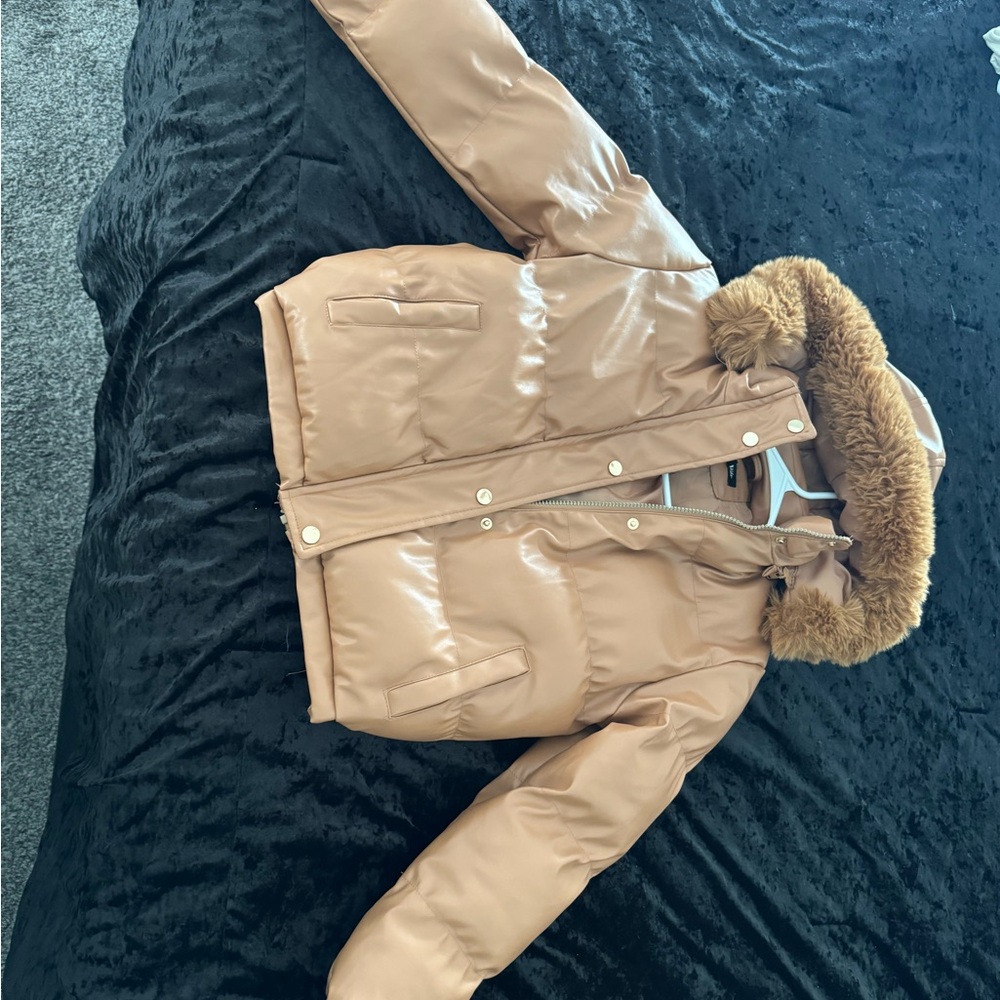 Women's Tan Puffer Jacket with Faux Fur Trim